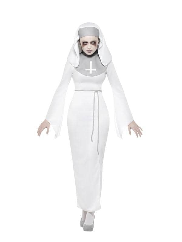 Adult Haunted Asylum Nun Halloween Costume with White Dress, Matching Belt, and Headpiece