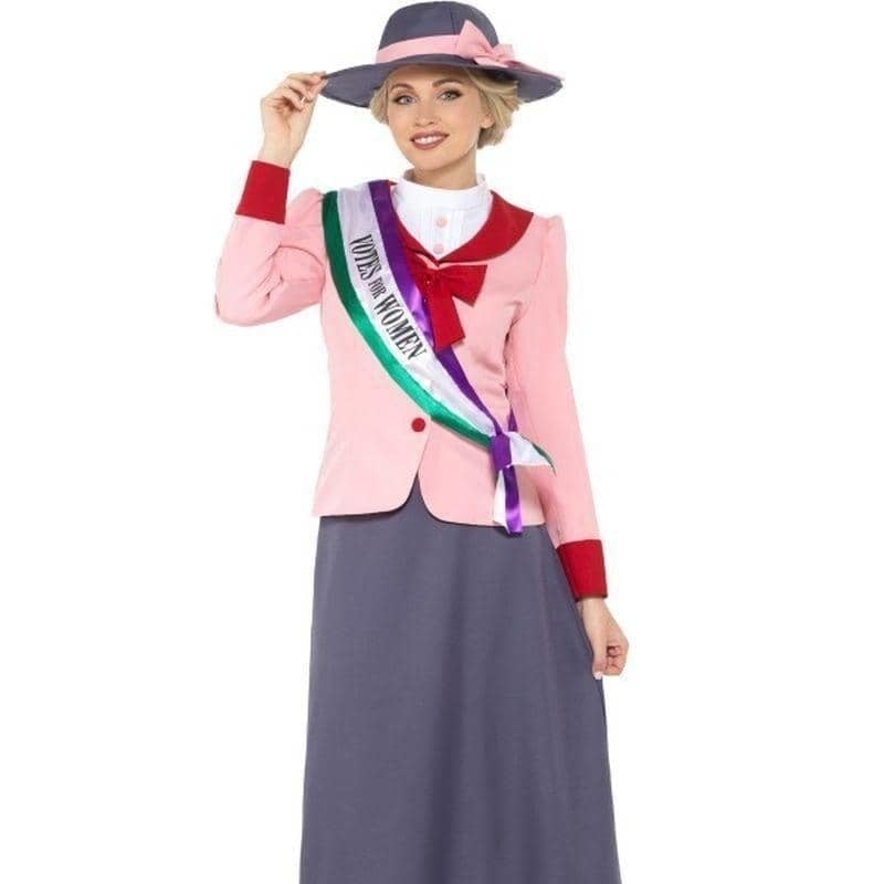 Adult Deluxe Victorian Suffragette Fancy Dress Costume in Elegant Grey and Pink Hues