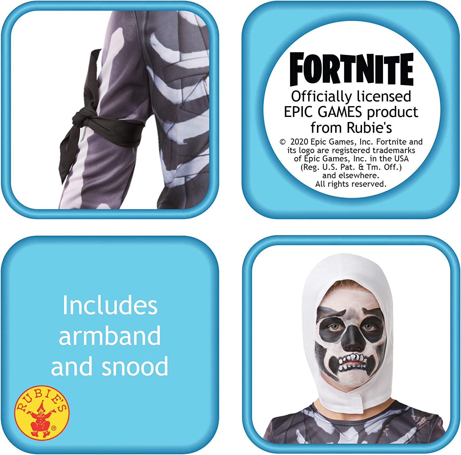 Fortnite Skull Trooper Kids Costume Top with Armband and Snood