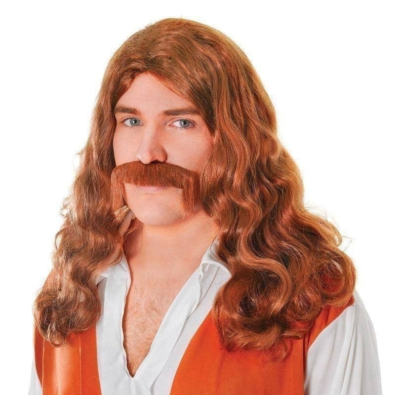 Adult Brown Hippy Man Wig and Mustache Set for Fancy Dress