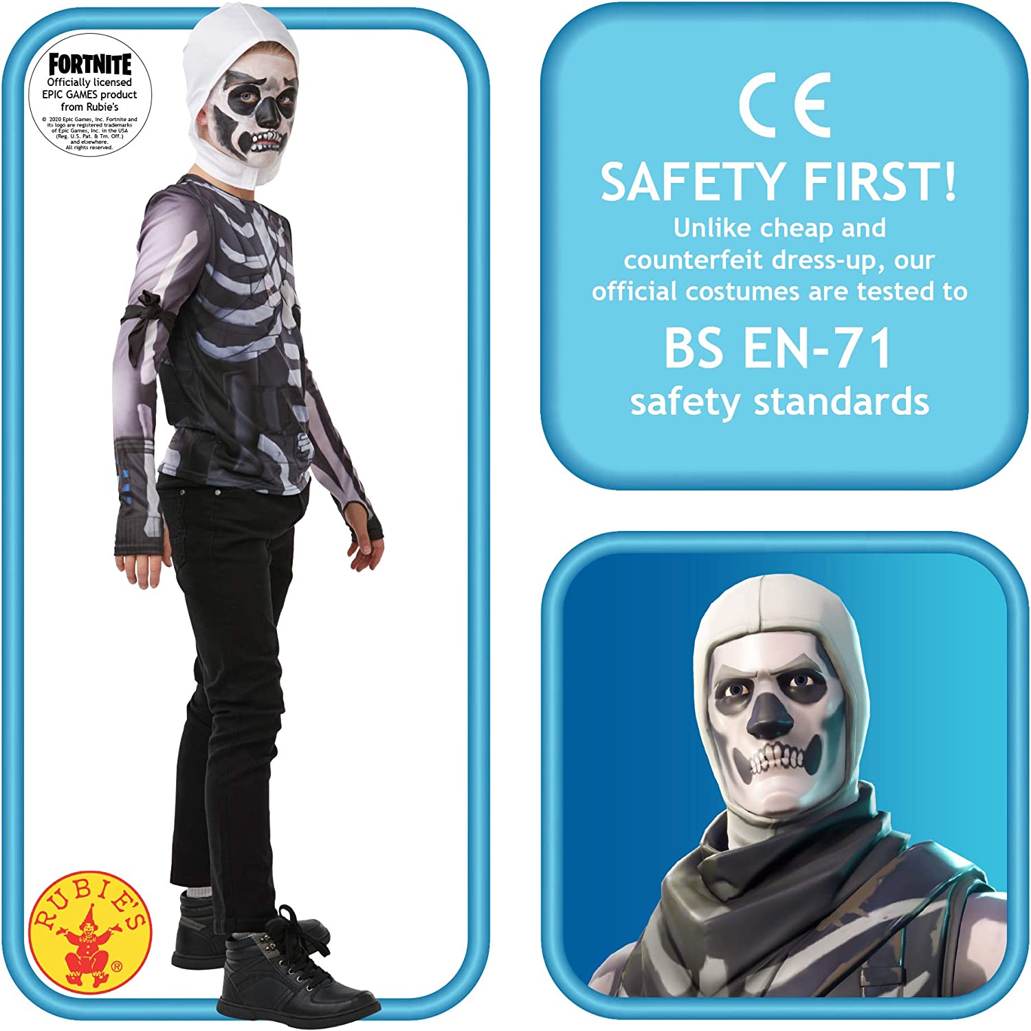 Fortnite Skull Trooper Kids Costume Top with Armband and Snood